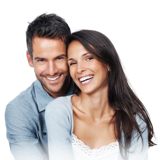 A happy couple smiling and posing for Loveland Dental in Winston-Salem, NC with white teeth.